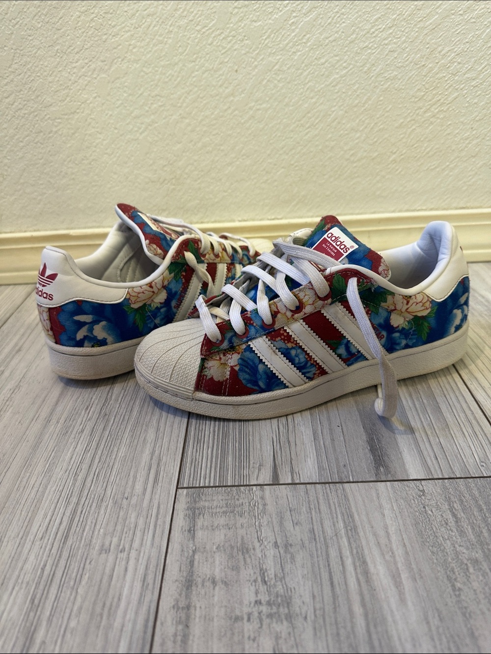 adidas Floral Shelltoe Sneakers - White, Blue & Red Accents
